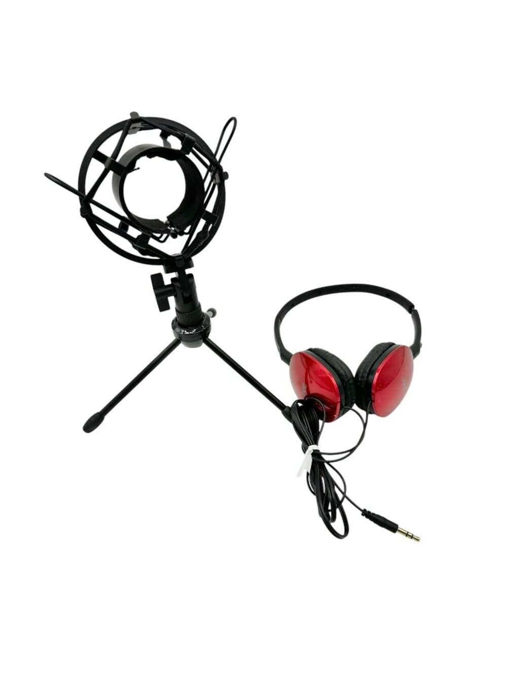 Microphone Stand With Shock Mount 10 inch Tall and JVC Red Wired Headphones